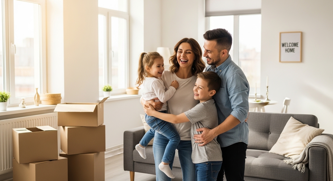 Família feliz no apartamento
